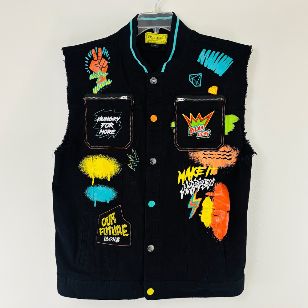 Blac‎ Leaf Limited Edition Mens 2XL Black Denim Graffiti Graphic Streetwear Vest